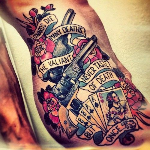 Old school gun and playing cards tattoo on ribs