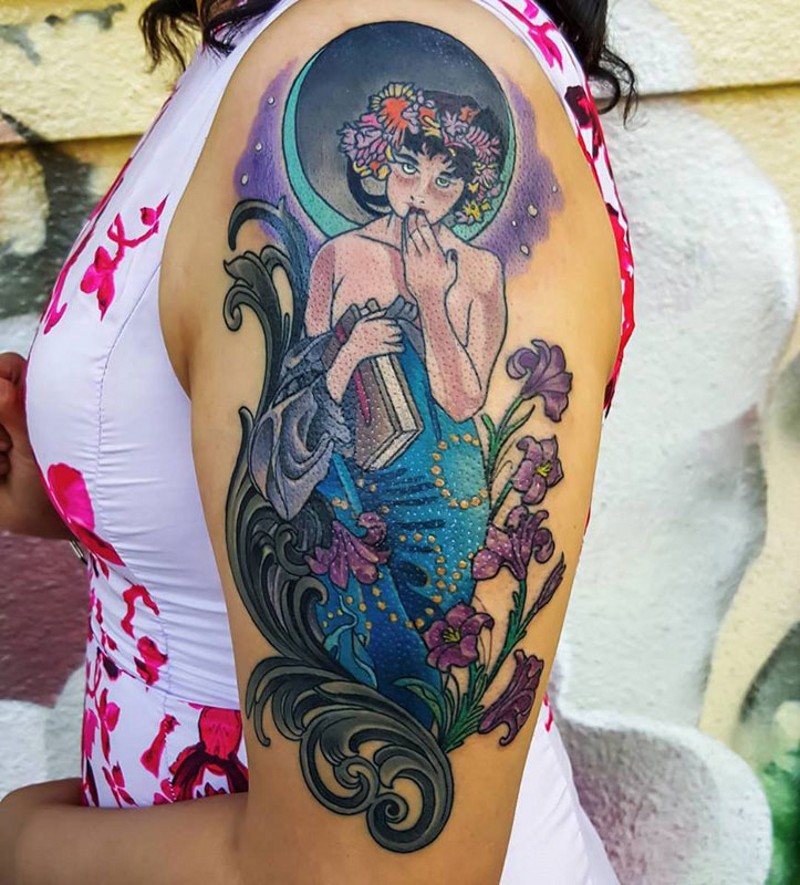 Old school magical colored shoulder tattoo of mystical woman with flowers and book
