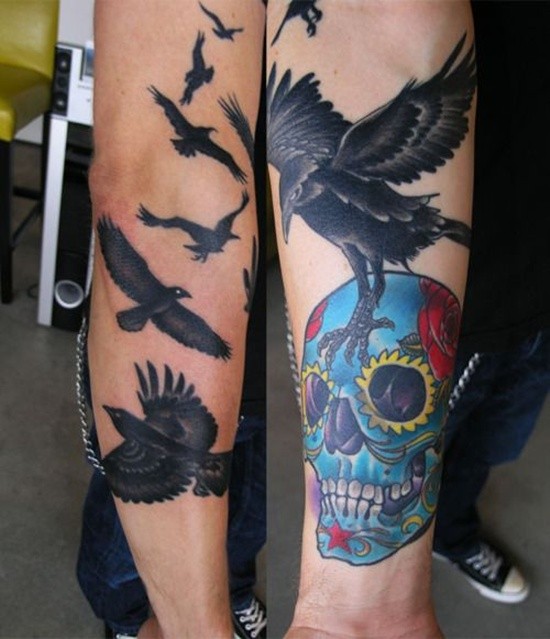 Old school Mexican traditional skull tattoo on sleeve with black crows