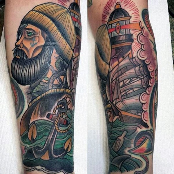 Old school multicolored nautical ship with sailor and anchor tattoo on leg