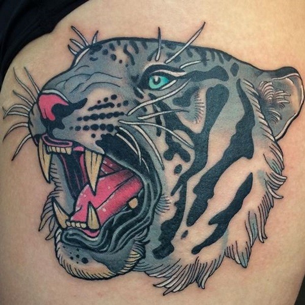 Old school natural looking colored big roaring rare white tiger tattoo