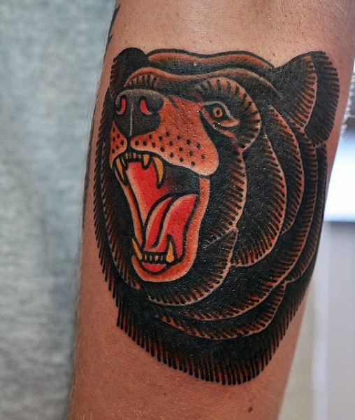 Old school naturally colored detailed roaring bear&quots head tattoo