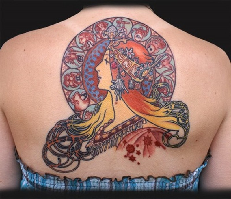 Old school nice colored big upper back tattoo of ancient queen combined with mystical tablet
