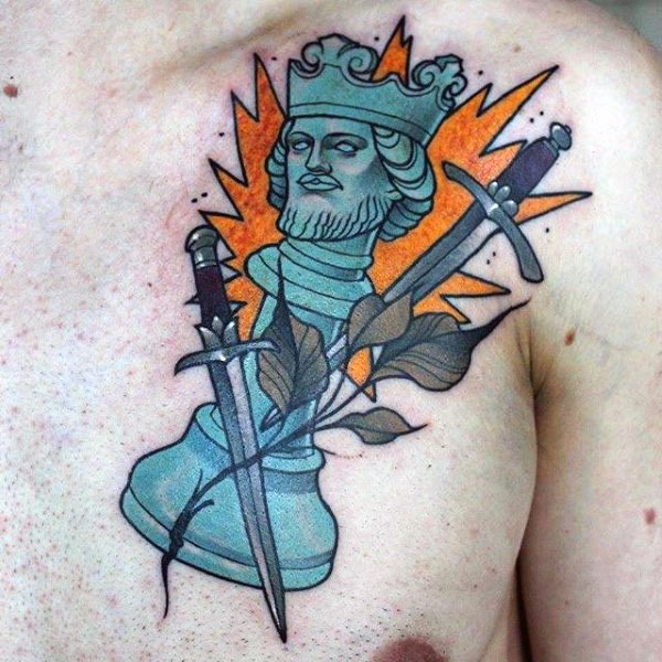 Old school original looking chest tattoo of king chess figure and swords