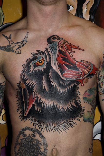 Old school painted and colored massive chest tattoo of bloody hell dog