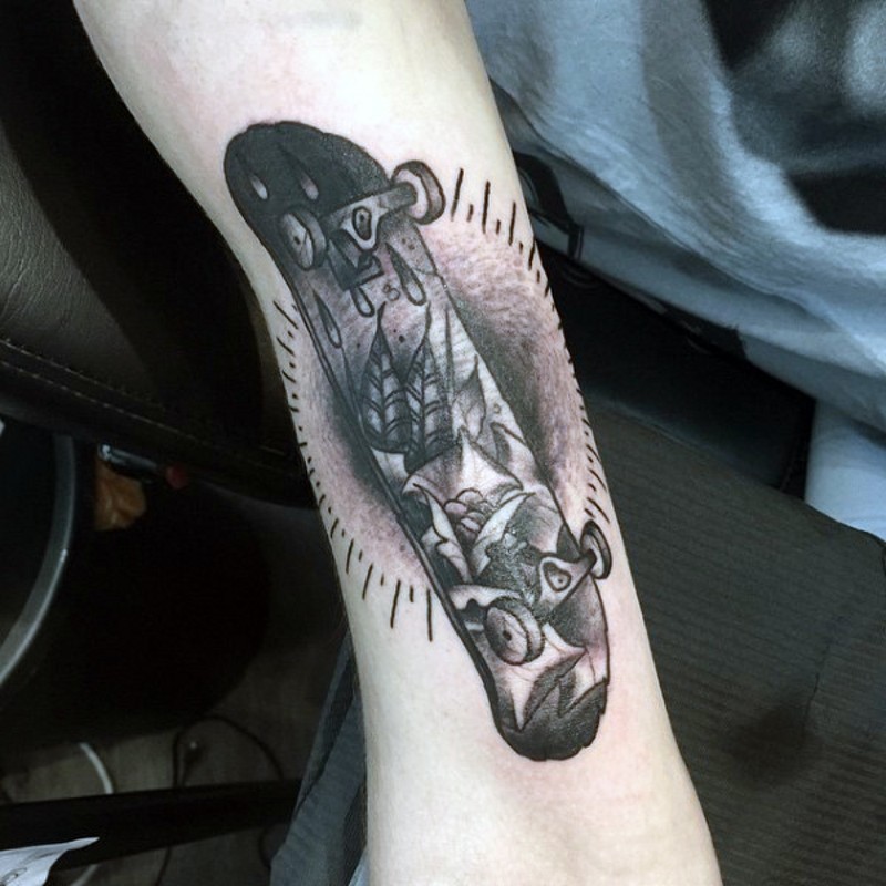 Old school painted skate board tattoo on arm