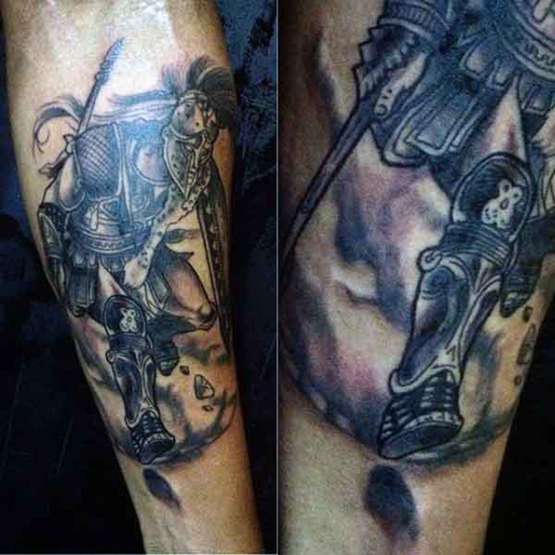 Old school slightly detailed forearm tattoo of ancient warrior