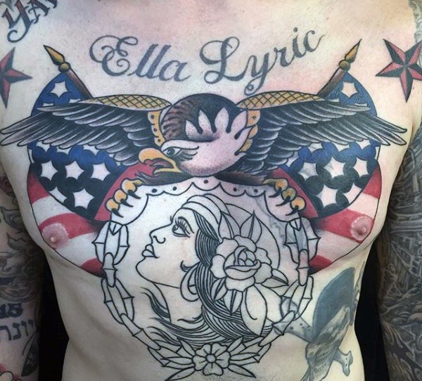 Old school style American native half colored tattoo with eagle and national flag tattoo on chest