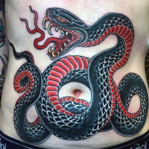 Old school style black and red mad snake detailed belly tattoo