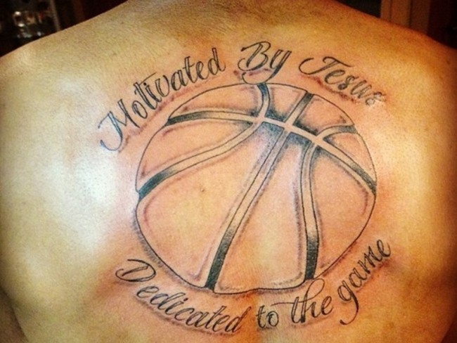 Old school style black and white back tattoo of basketball and lettering