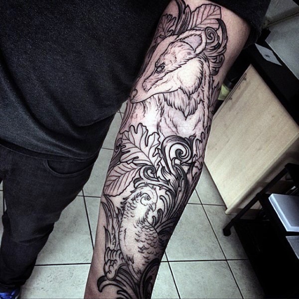 Old school style black and white wild animals tattoo on sleeve