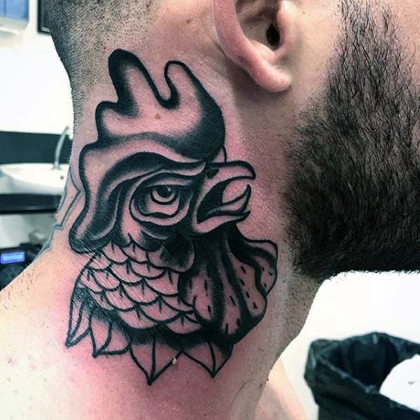 Old school style black ink angry cock tattoo on neck