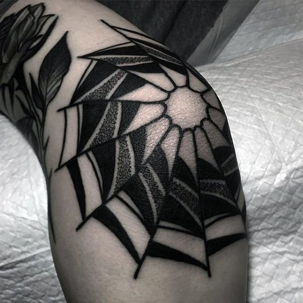 Old school style black ink knee tattoo of spider web