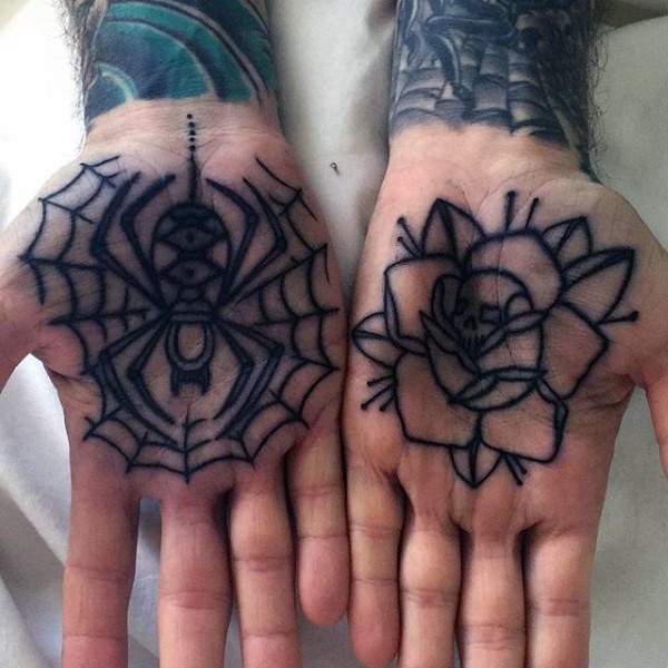 Old school style black ink spider in spiderweb and rose flower tattoo on both hand palms