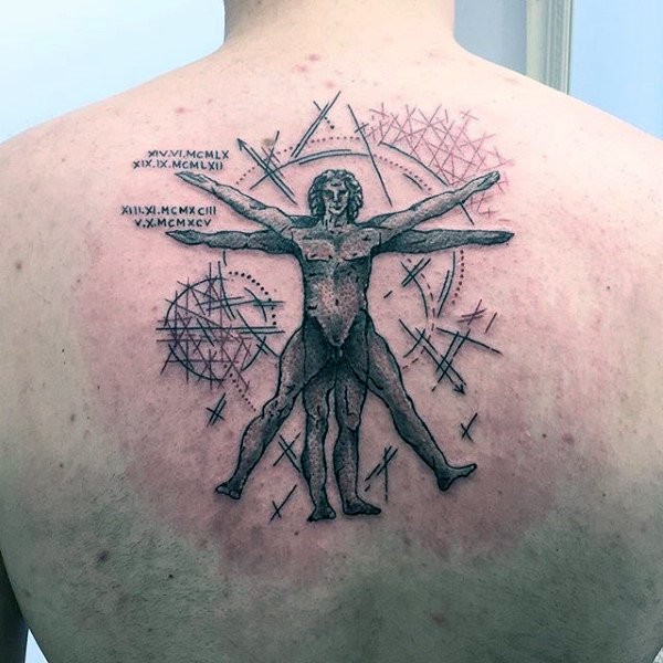 Old school style black ink upper back tattoo of Vitruvian man with lettering