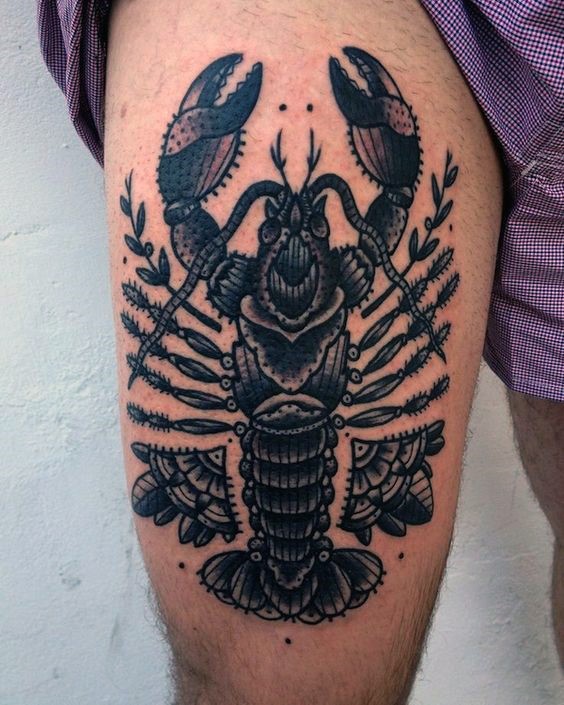 Old school style black ink very detailed crayfish tattoo on thigh