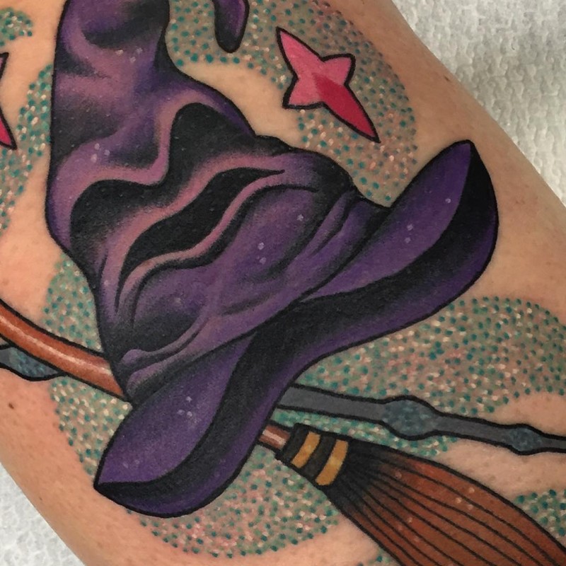 Old school style cartoon like colored magical heat tattoo with stars