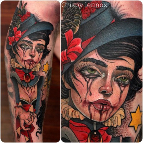 Oldschool Stil farbiges Arm Tattoo mit Porträt der weinenden Frau
