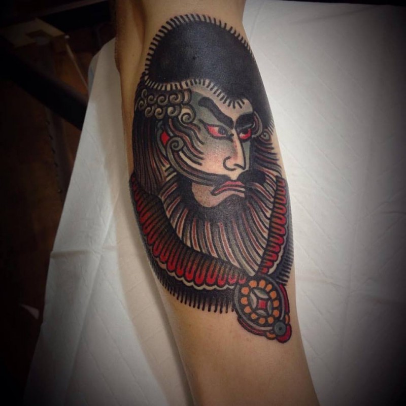 Old school style colored arm tattoo of Asian man
