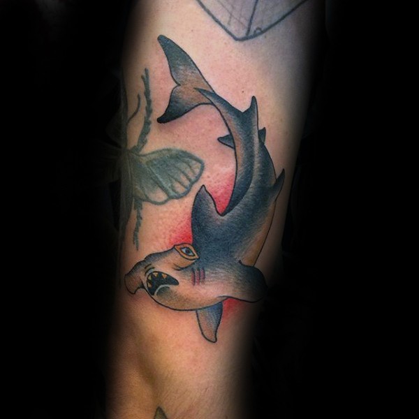 Old school style colored arm tattoo of interesting looking hammerhead shark
