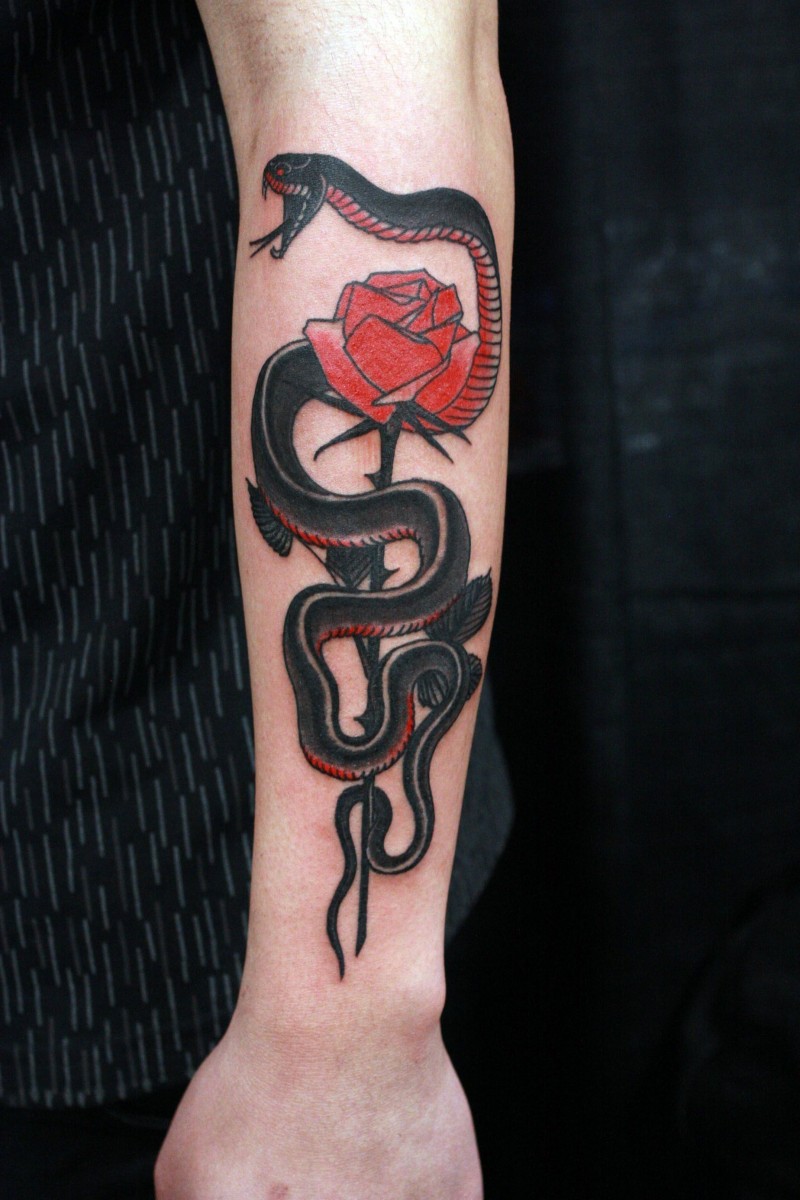 Old school style colored arm tattoo of big snake with rose