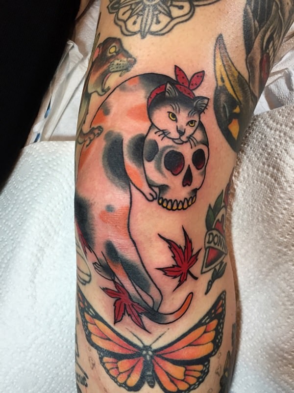 Old school style colored arm tattoo of cat with human skull