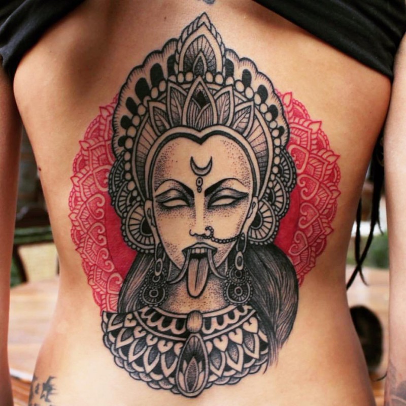 Old school style colored back tattoo of creepy Hinduism Goddess