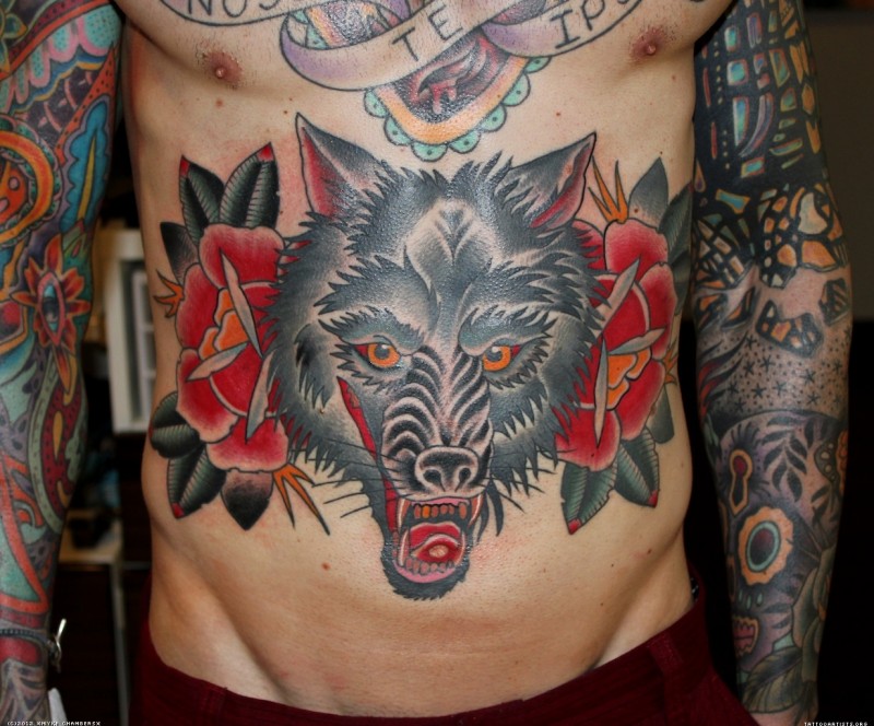 Old school style colored belly tattoo of wolf with roses