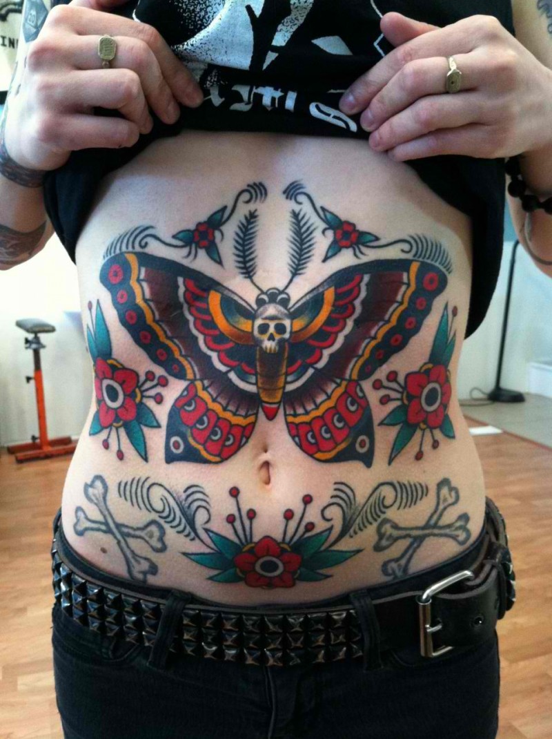 Old school style colored belly tattoo of butterfly with bones and skull