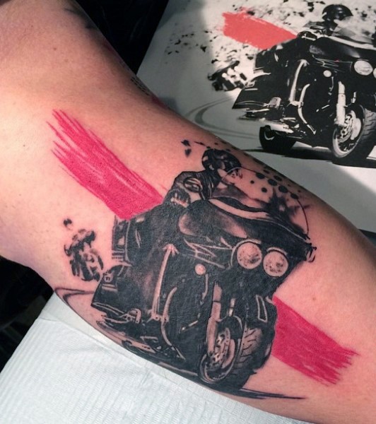 Old school style colored biceps tattoo of road bike