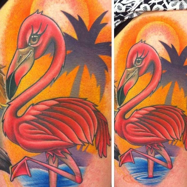 OLd school style colored big flamingo tattoo with palm tree