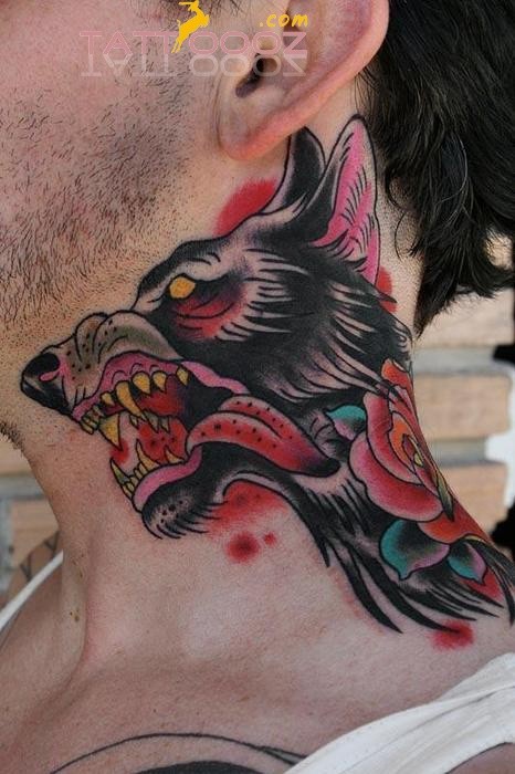 Old school style colored bloody demonic dog tattoo on neck with flower