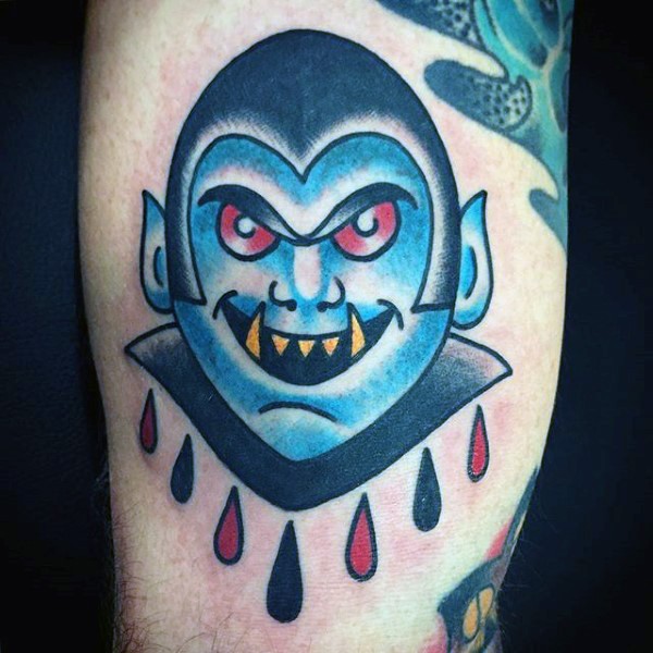 Old school style colored bloody vampire tattoo on arm