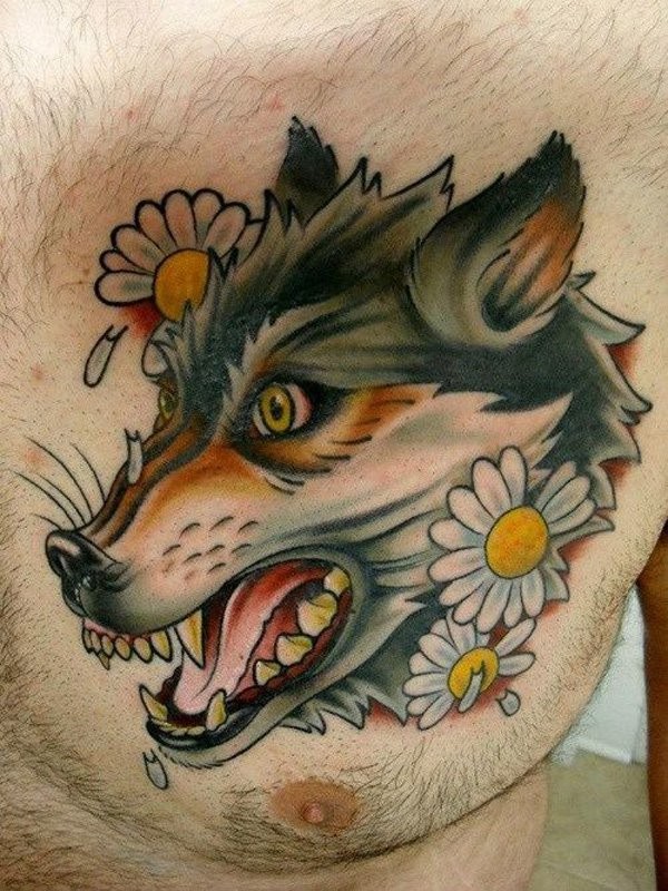 Old school style colored cartoon like wolf&quots head in chamomile flowers detailed tattoo on chest