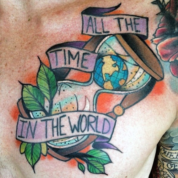 Old school style colored chest tattoo of big sand clock stylized with globe and lettering