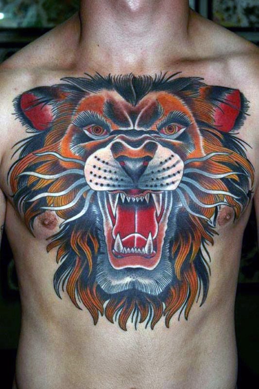 Old school style colored chest tattoo of roaring lion