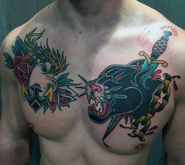Old school style colored chest tattoo of black panther with anchor and heart