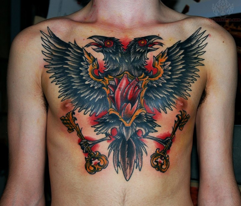 Old school style colored chest tattoo of crow with two heads and keys