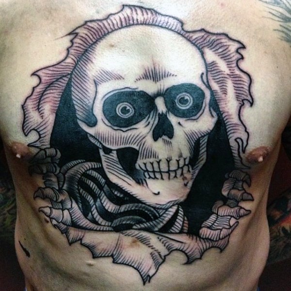 Old school style colored chest tattoo of ripped skin with funny skeleton