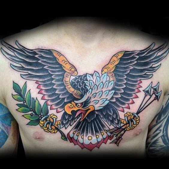 Old school style colored chest tattoo of eagle with arrows and olive branch