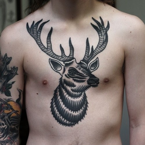 Old school style colored chest tattoo of incredible deer