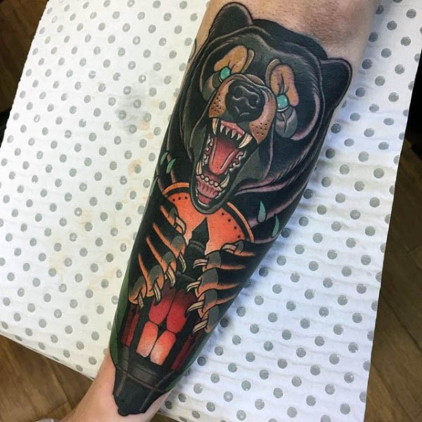 Old school style colored crying bear tattoo with old street lighter