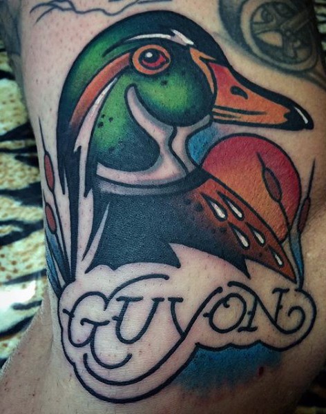 Old school style colored duck with lettering tattoo