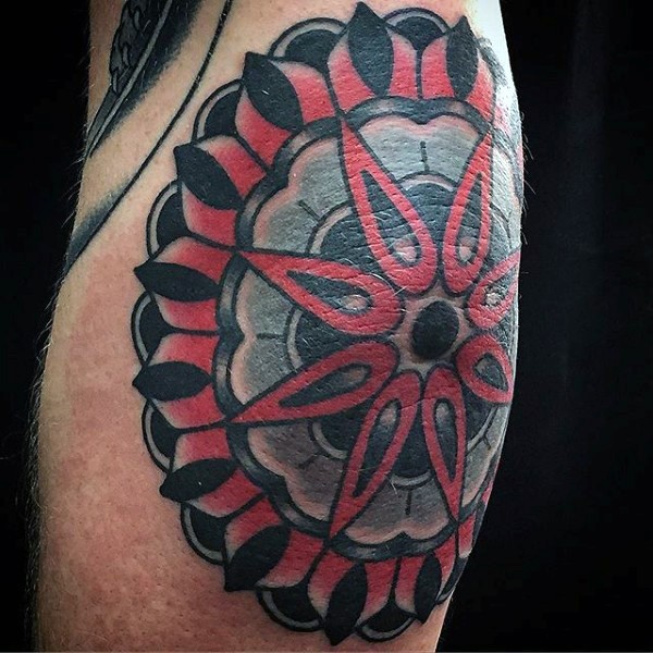 Old school style colored elbow tattoo of big flower