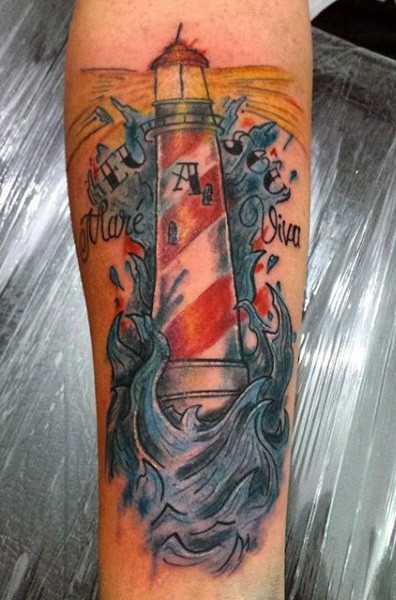 Old school style colored forearm tattoo of lighthouse with waves and lettering