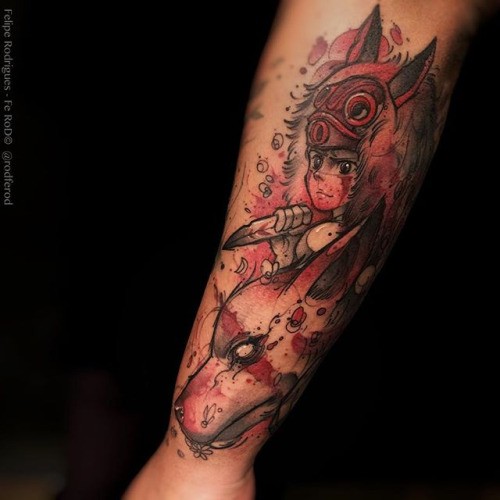 Old school style colored forearm tattoo of fantasy girl with wolf