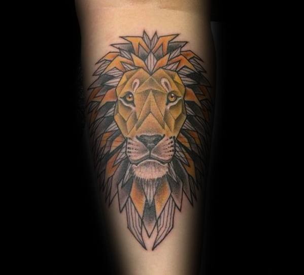Old school style colored forearm tattoo of lion head