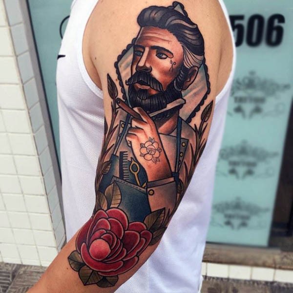 Old school style colored half sleeve tattoo of smoking sailor portrait