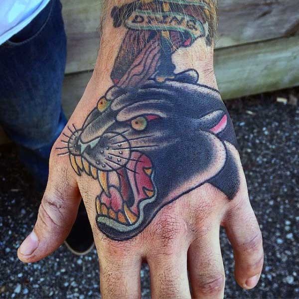 Old school style colored hand tattoo of black panther