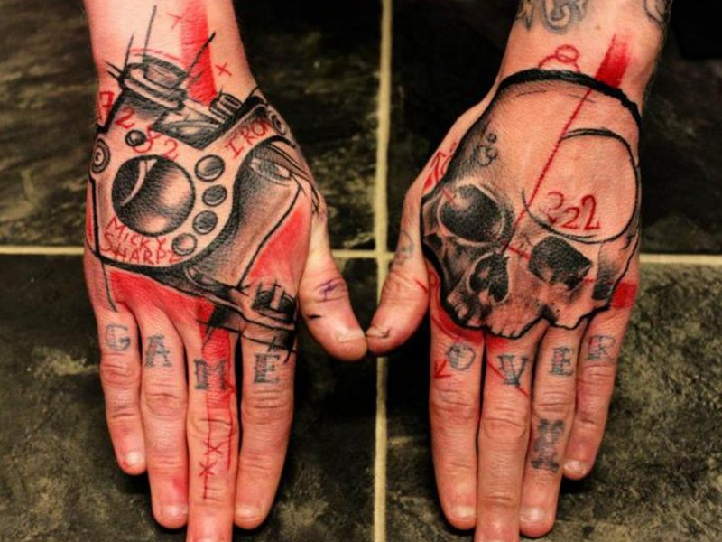 Old school style colored hand tattoo of human skull with symbols